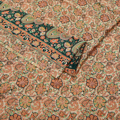 Vintage Beige Digital Printed Saree Floral Artificial Silk Fabric 6 Yards Indian Satin-Like Material for Dressmaking & Quilting Crafts