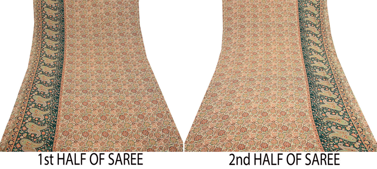 Vintage Beige Digital Printed Saree Floral Artificial Silk Fabric 6 Yards Indian Satin-Like Material for Dressmaking & Quilting Crafts