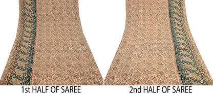 Vintage Beige Digital Printed Saree Floral Artificial Silk Fabric 6 Yards Indian Satin-Like Material for Dressmaking & Quilting Crafts