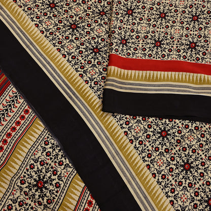 Vintage Beige Digital Printed Saree Floral Artificial Silk Fabric 5 Yards Indian Satin-Like Material for Dressmaking & Quilting Crafts