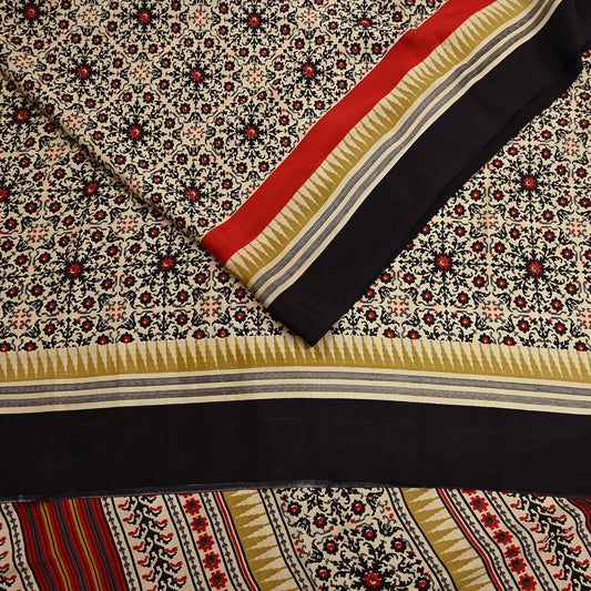 Vintage Beige Digital Printed Saree Floral Artificial Silk Fabric 5 Yards Indian Satin-Like Material for Dressmaking & Quilting Crafts