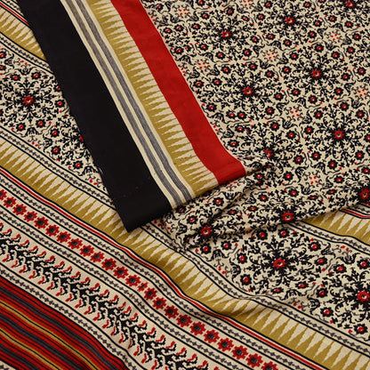 Vintage Beige Digital Printed Saree Floral Artificial Silk Fabric 5 Yards Indian Satin-Like Material for Dressmaking & Quilting Crafts
