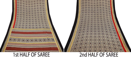 Vintage Beige Digital Printed Saree Floral Artificial Silk Fabric 5 Yards Indian Satin-Like Material for Dressmaking & Quilting Crafts