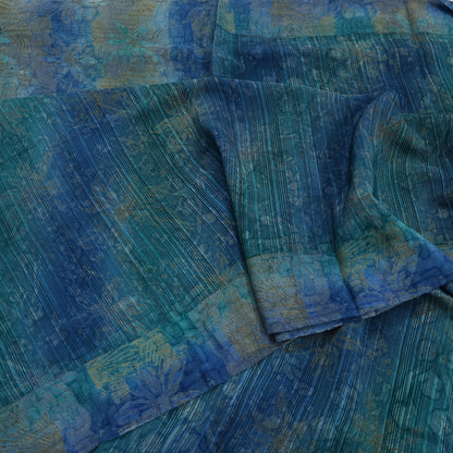 Vintage Blue Green Crepe Silk Saree Indian Pure Silk Printed Floral 6 Yard Fabric Soft Sewing Material for Dressmaking & Craft Projects