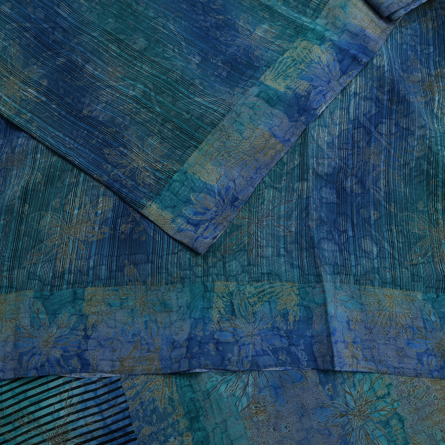 Vintage Blue Green Crepe Silk Saree Indian Pure Silk Printed Floral 6 Yard Fabric Soft Sewing Material for Dressmaking & Craft Projects