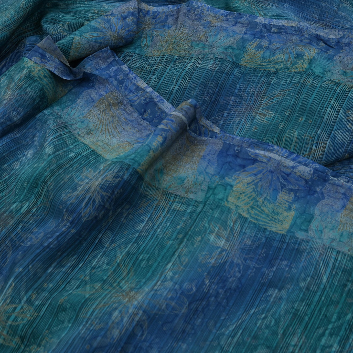 Vintage Blue Green Crepe Silk Saree Indian Pure Silk Printed Floral 6 Yard Fabric Soft Sewing Material for Dressmaking & Craft Projects