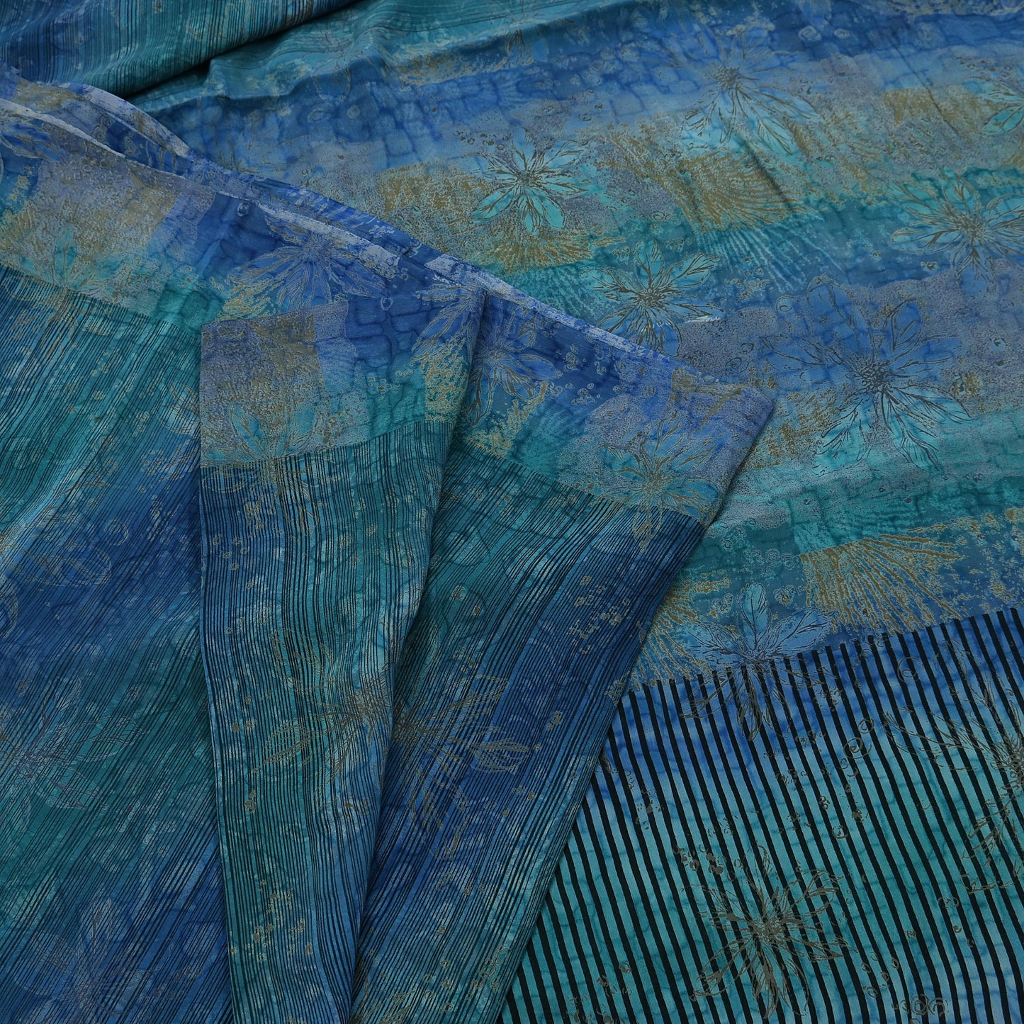 Vintage Blue Green Crepe Silk Saree Indian Pure Silk Printed Floral 6 Yard Fabric Soft Sewing Material for Dressmaking & Craft Projects