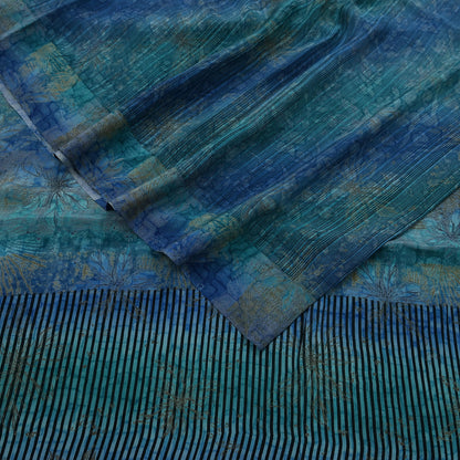 Vintage Blue Green Crepe Silk Saree Indian Pure Silk Printed Floral 6 Yard Fabric Soft Sewing Material for Dressmaking & Craft Projects