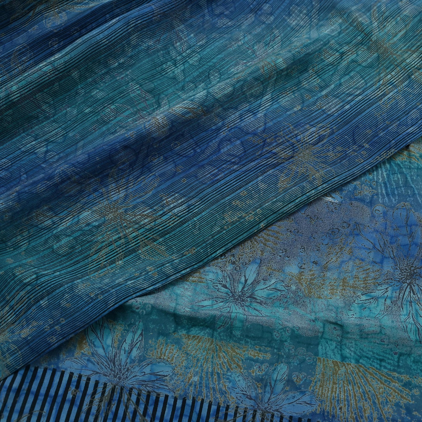Vintage Blue Green Crepe Silk Saree Indian Pure Silk Printed Floral 6 Yard Fabric Soft Sewing Material for Dressmaking & Craft Projects
