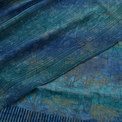 Vintage Blue Green Crepe Silk Saree Indian Pure Silk Printed Floral 6 Yard Fabric Soft Sewing Material for Dressmaking & Craft Projects
