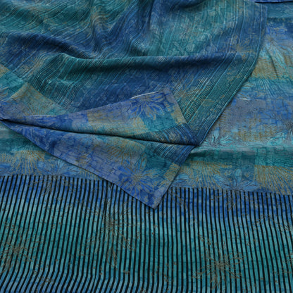 Vintage Blue Green Crepe Silk Saree Indian Pure Silk Printed Floral 6 Yard Fabric Soft Sewing Material for Dressmaking & Craft Projects