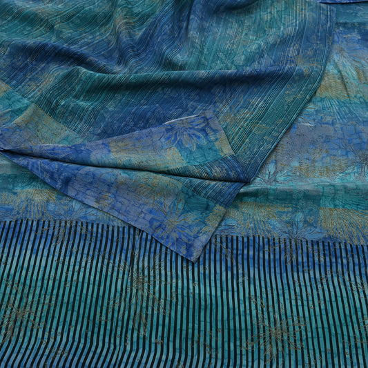 Vintage Blue Green Crepe Silk Saree Indian Pure Silk Printed Floral 6 Yard Fabric Soft Sewing Material for Dressmaking & Craft Projects