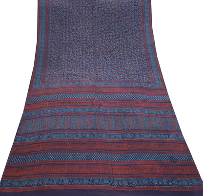 Vintage Blue Crepe Silk Saree Hand Block Printed Pure Silk Fabric 6 Yard Floral Indian Sari Soft Craft Quilting Dressmaking Material
