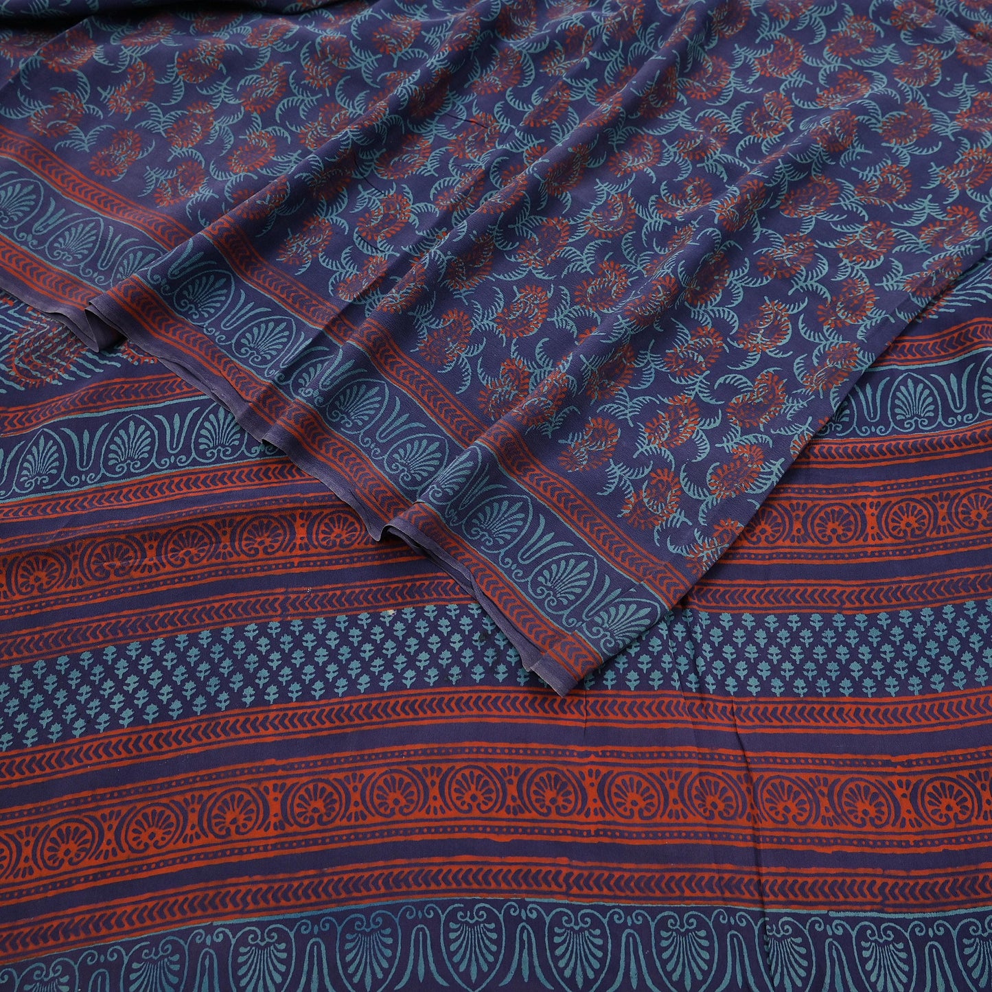 Vintage Blue Crepe Silk Saree Hand Block Printed Pure Silk Fabric 6 Yard Floral Indian Sari Soft Craft Quilting Dressmaking Material