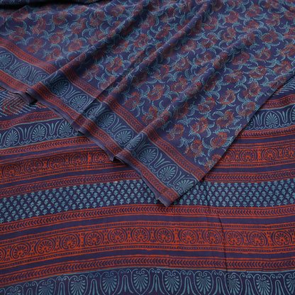 Vintage Blue Crepe Silk Saree Hand Block Printed Pure Silk Fabric 6 Yard Floral Indian Sari Soft Craft Quilting Dressmaking Material