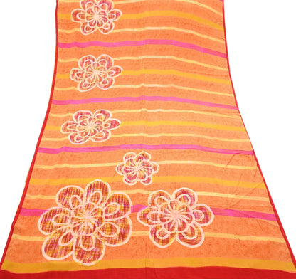 Vintage Yellow Orange Crepe Silk Saree Indian Pure Silk Printed Fabric 5 Yard Soft Sewing Material for Dressmaking, Quilting & Crafts