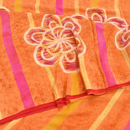 Vintage Yellow Orange Crepe Silk Saree Indian Pure Silk Printed Fabric 5 Yard Soft Sewing Material for Dressmaking, Quilting & Crafts