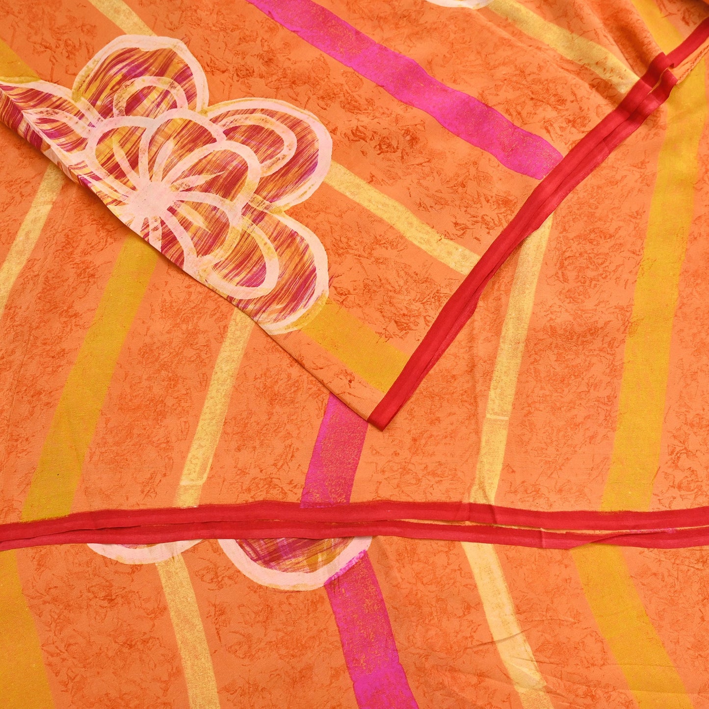 Vintage Yellow Orange Crepe Silk Saree Indian Pure Silk Printed Fabric 5 Yard Soft Sewing Material for Dressmaking, Quilting & Crafts