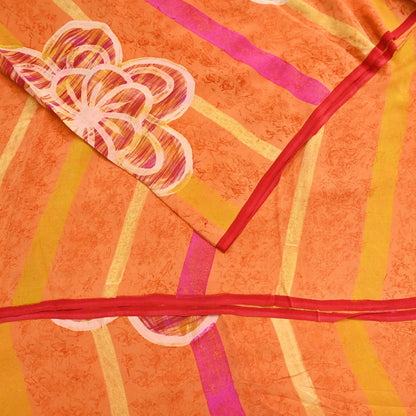 Vintage Yellow Orange Crepe Silk Saree Indian Pure Silk Printed Fabric 5 Yard Soft Sewing Material for Dressmaking, Quilting & Crafts