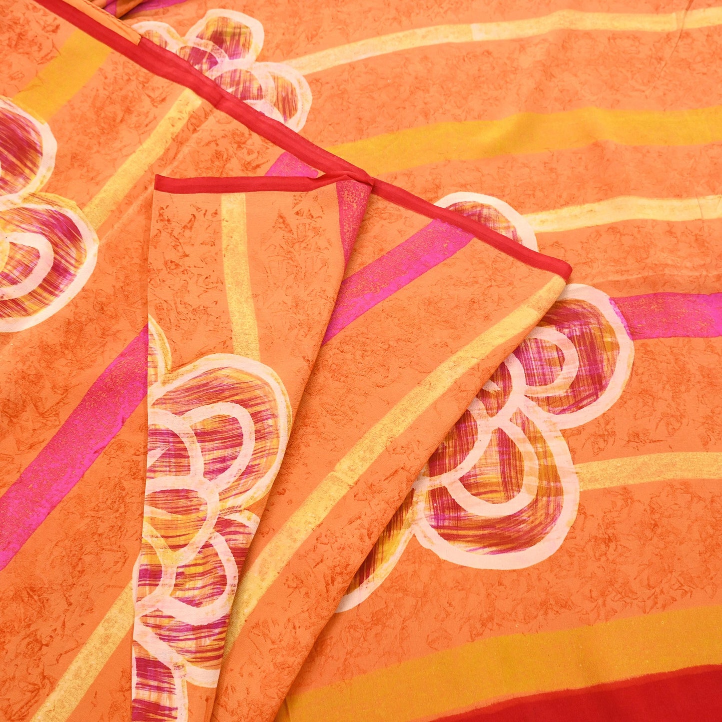 Vintage Yellow Orange Crepe Silk Saree Indian Pure Silk Printed Fabric 5 Yard Soft Sewing Material for Dressmaking, Quilting & Crafts