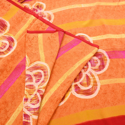Vintage Yellow Orange Crepe Silk Saree Indian Pure Silk Printed Fabric 5 Yard Soft Sewing Material for Dressmaking, Quilting & Crafts