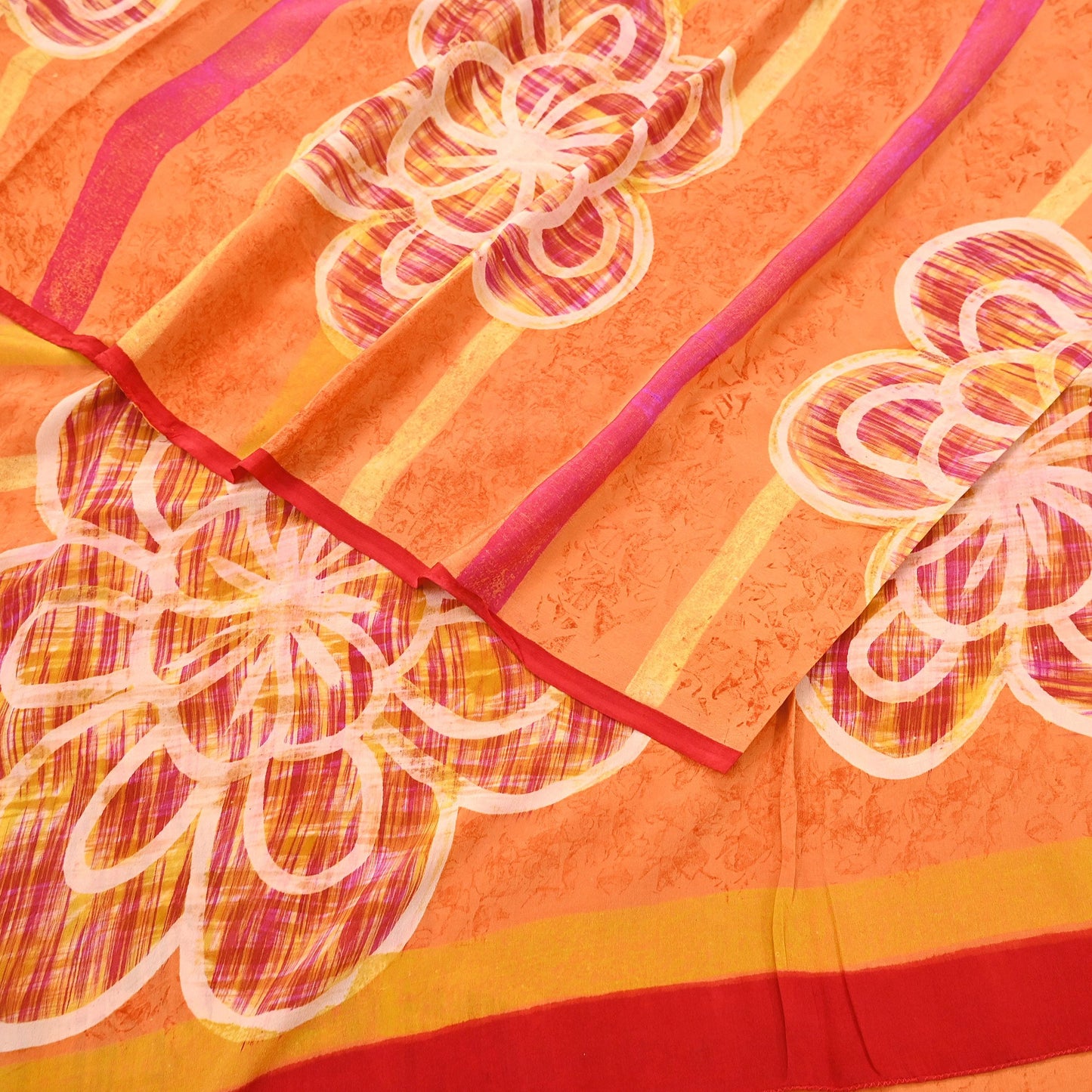 Vintage Yellow Orange Crepe Silk Saree Indian Pure Silk Printed Fabric 5 Yard Soft Sewing Material for Dressmaking, Quilting & Crafts