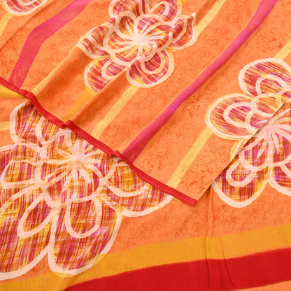 Vintage Yellow Orange Crepe Silk Saree Indian Pure Silk Printed Fabric 5 Yard Soft Sewing Material for Dressmaking, Quilting & Crafts