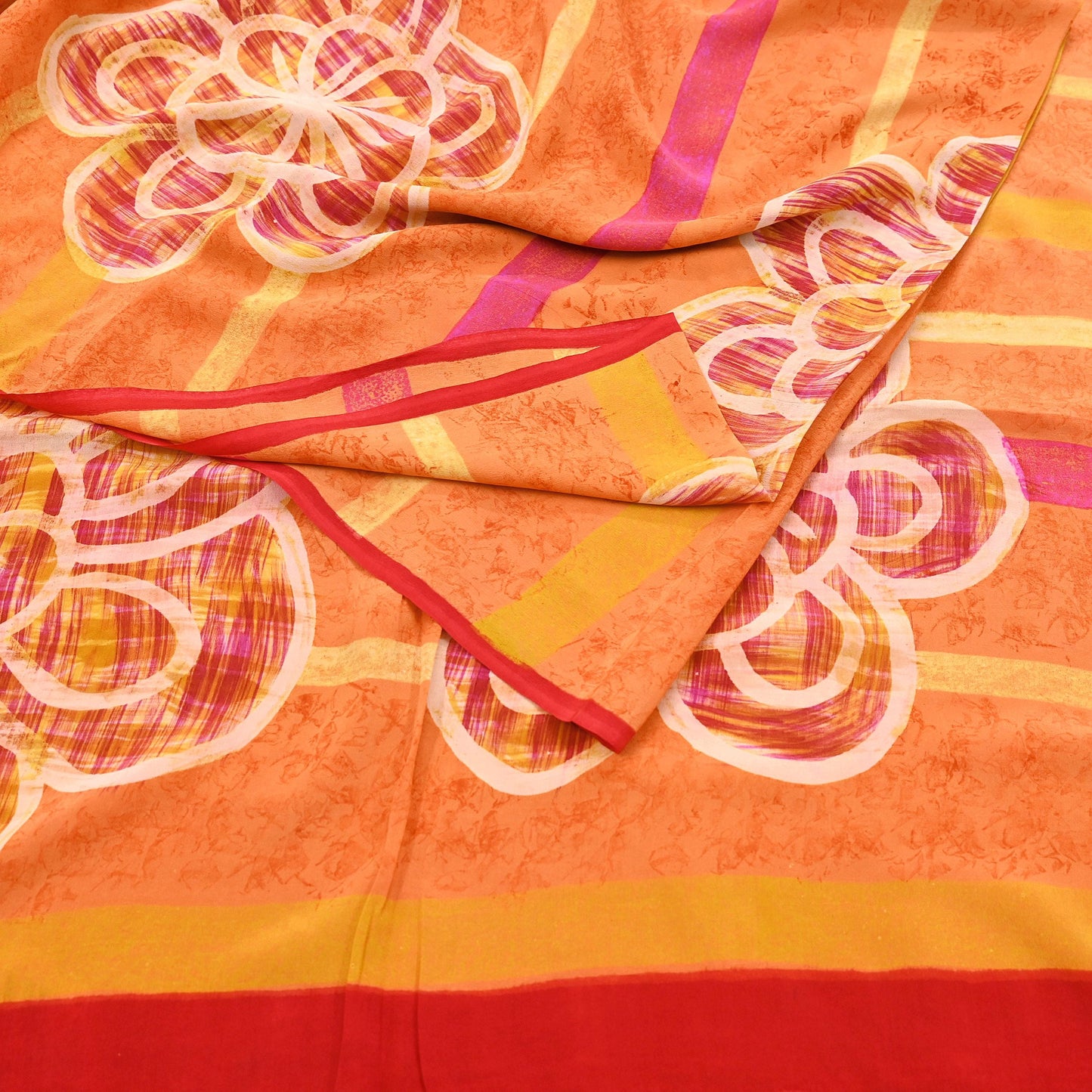 Vintage Yellow Orange Crepe Silk Saree Indian Pure Silk Printed Fabric 5 Yard Soft Sewing Material for Dressmaking, Quilting & Crafts