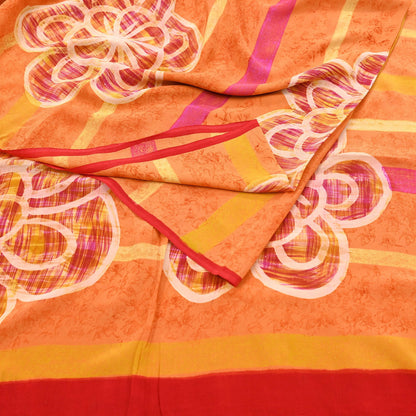 Vintage Yellow Orange Crepe Silk Saree Indian Pure Silk Printed Fabric 5 Yard Soft Sewing Material for Dressmaking, Quilting & Crafts