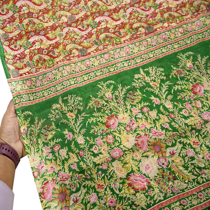 Indian Vintage Red & Green Pure Silk Printed Saree 5 Yards Soft Floral Fabric for Dressmaking, Quilting, Crafting, Sewing, Dress Making
