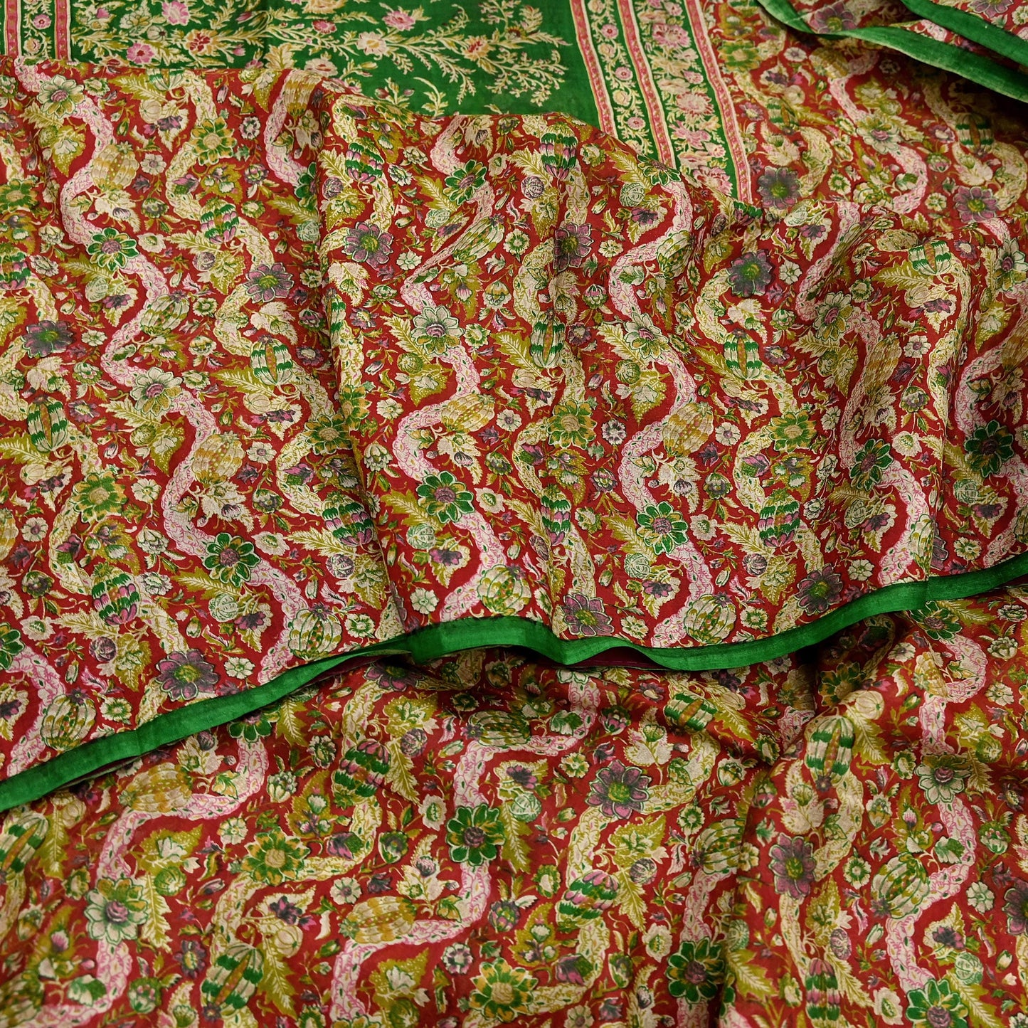 Indian Vintage Red & Green Pure Silk Printed Saree 5 Yards Soft Floral Fabric for Dressmaking, Quilting, Crafting, Sewing, Dress Making