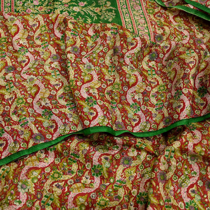 Indian Vintage Red & Green Pure Silk Printed Saree 5 Yards Soft Floral Fabric for Dressmaking, Quilting, Crafting, Sewing, Dress Making