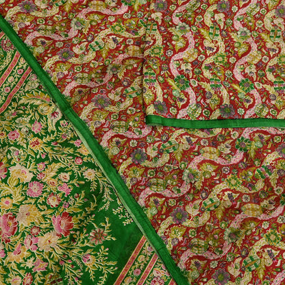 Indian Vintage Red & Green Pure Silk Printed Saree 5 Yards Soft Floral Fabric for Dressmaking, Quilting, Crafting, Sewing, Dress Making