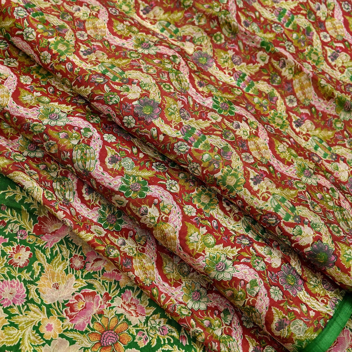 Indian Vintage Red & Green Pure Silk Printed Saree 5 Yards Soft Floral Fabric for Dressmaking, Quilting, Crafting, Sewing, Dress Making