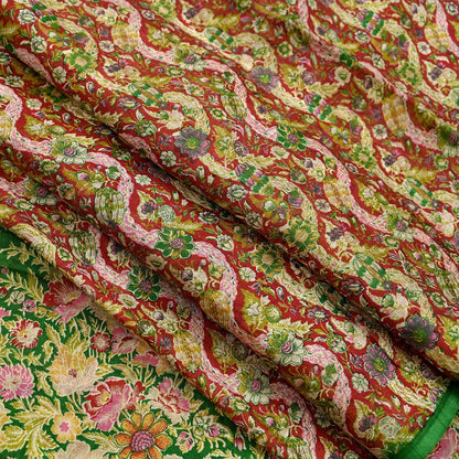 Indian Vintage Red & Green Pure Silk Printed Saree 5 Yards Soft Floral Fabric for Dressmaking, Quilting, Crafting, Sewing, Dress Making