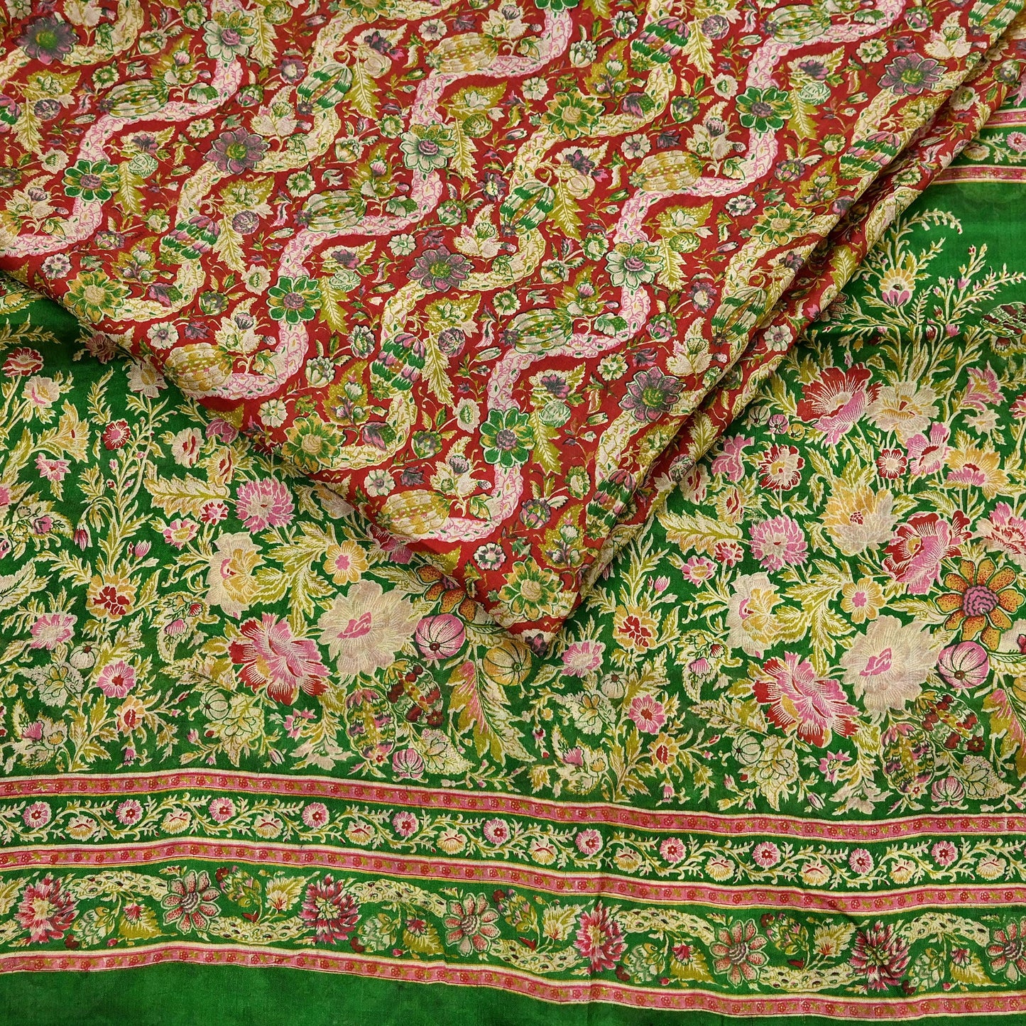 Indian Vintage Red & Green Pure Silk Printed Saree 5 Yards Soft Floral Fabric for Dressmaking, Quilting, Crafting, Sewing, Dress Making