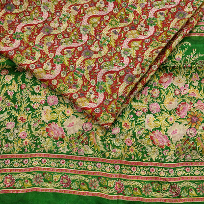 Indian Vintage Red & Green Pure Silk Printed Saree 5 Yards Soft Floral Fabric for Dressmaking, Quilting, Crafting, Sewing, Dress Making
