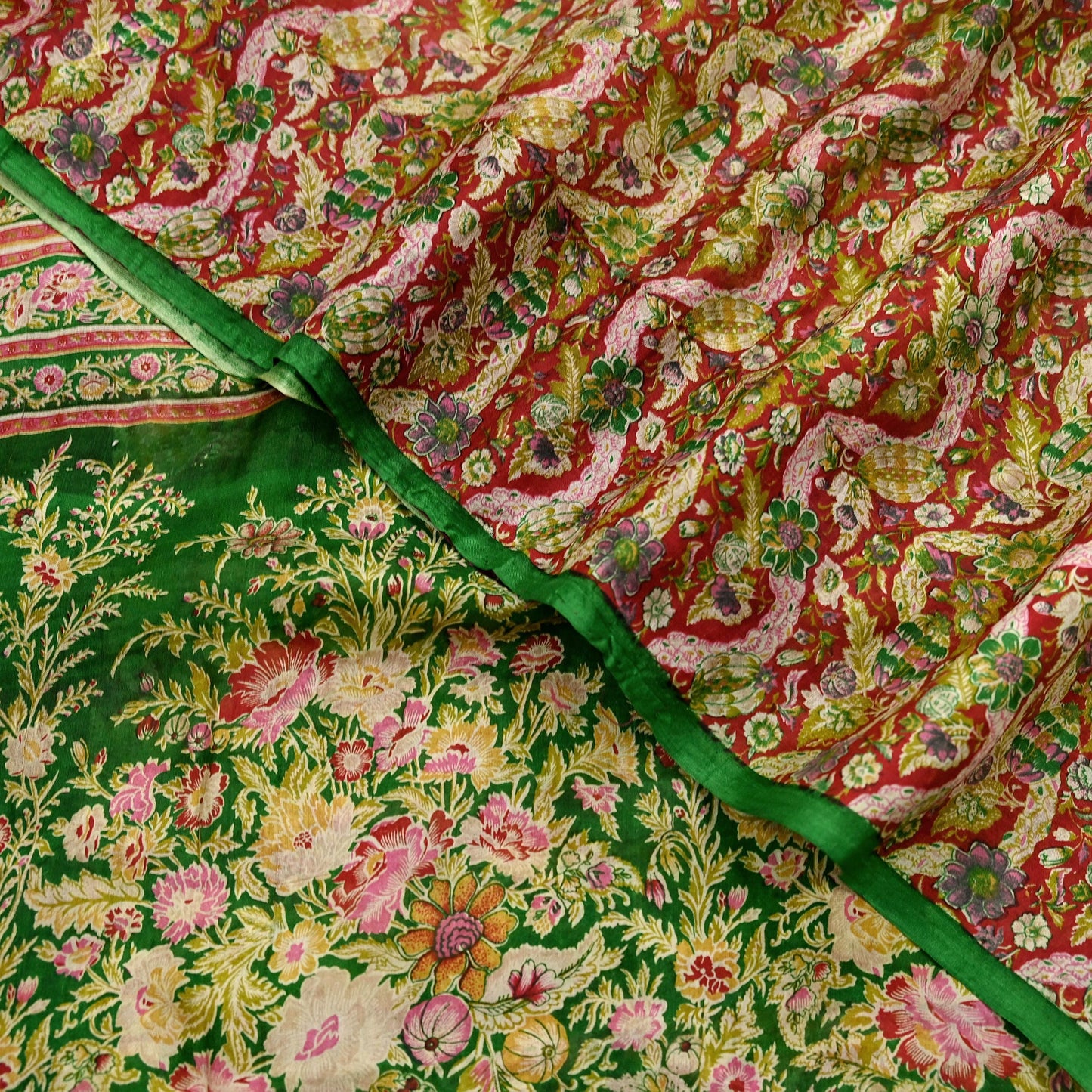 Indian Vintage Red & Green Pure Silk Printed Saree 5 Yards Soft Floral Fabric for Dressmaking, Quilting, Crafting, Sewing, Dress Making