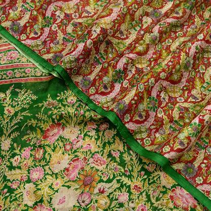 Indian Vintage Red & Green Pure Silk Printed Saree 5 Yards Soft Floral Fabric for Dressmaking, Quilting, Crafting, Sewing, Dress Making