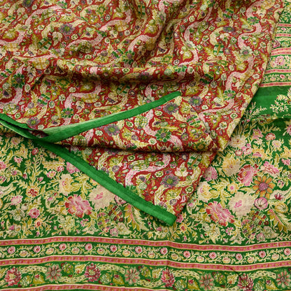 Indian Vintage Red & Green Pure Silk Printed Saree 5 Yards Soft Floral Fabric for Dressmaking, Quilting, Crafting, Sewing, Dress Making