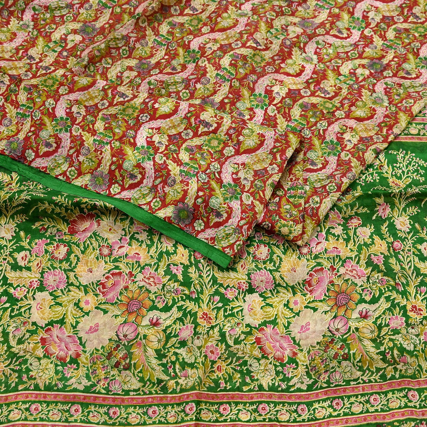 Indian Vintage Red & Green Pure Silk Printed Saree 5 Yards Soft Floral Fabric for Dressmaking, Quilting, Crafting, Sewing, Dress Making