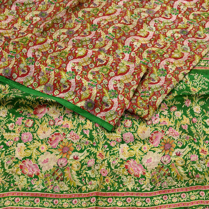 Indian Vintage Red & Green Pure Silk Printed Saree 5 Yards Soft Floral Fabric for Dressmaking, Quilting, Crafting, Sewing, Dress Making