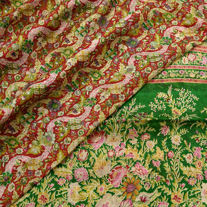 Indian Vintage Red & Green Pure Silk Printed Saree 5 Yards Soft Floral Fabric for Dressmaking, Quilting, Crafting, Sewing, Dress Making