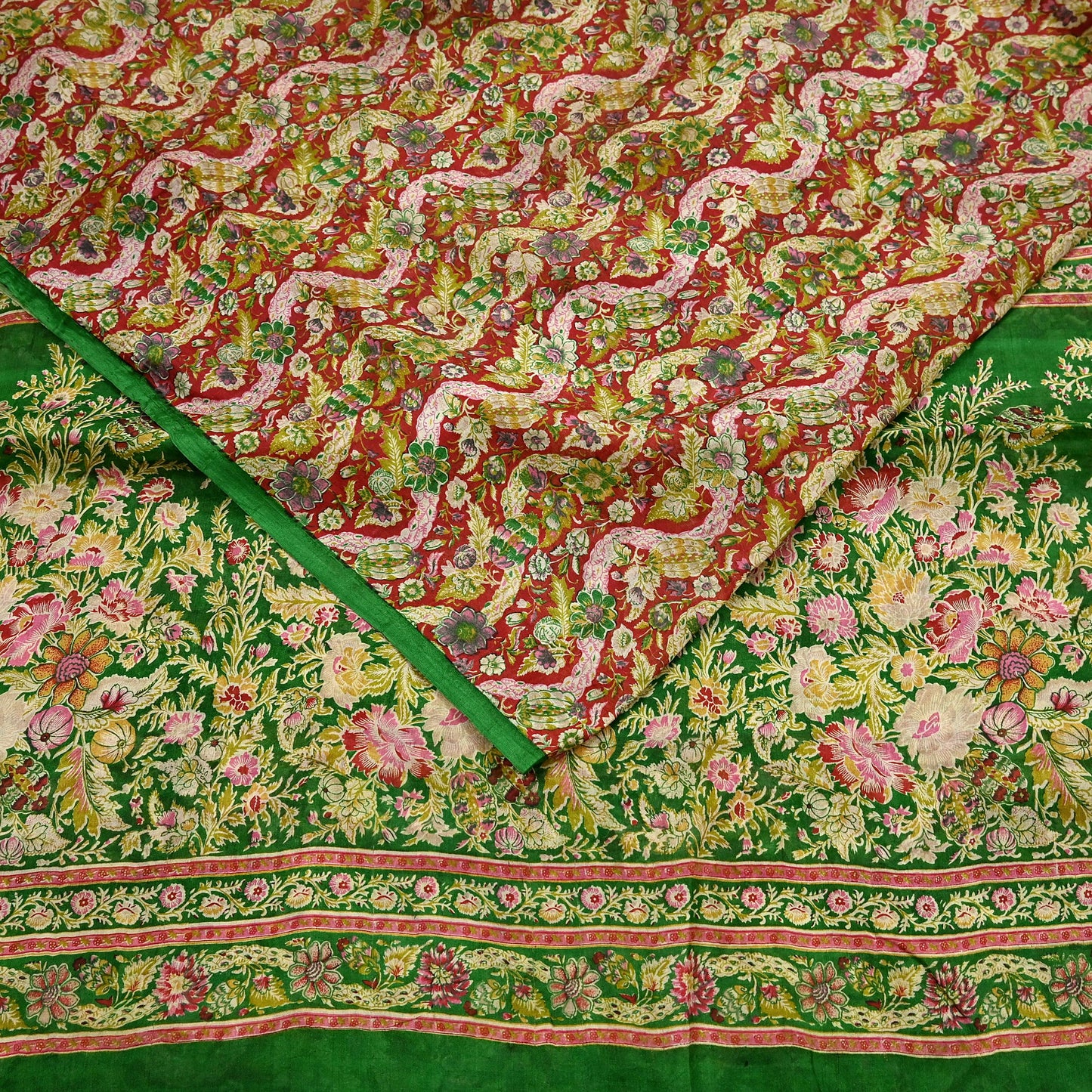Indian Vintage Red & Green Pure Silk Printed Saree 5 Yards Soft Floral Fabric for Dressmaking, Quilting, Crafting, Sewing, Dress Making