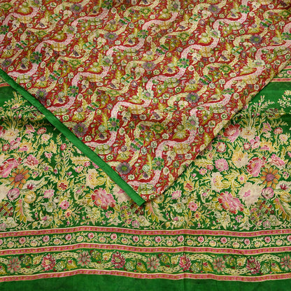 Indian Vintage Red & Green Pure Silk Printed Saree 5 Yards Soft Floral Fabric for Dressmaking, Quilting, Crafting, Sewing, Dress Making
