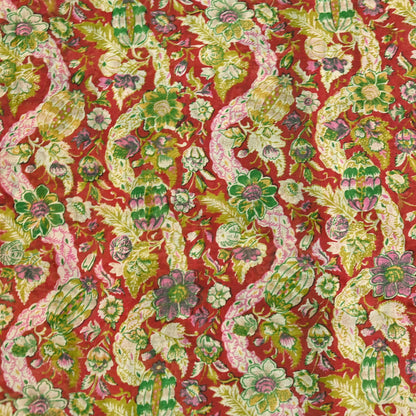 Indian Vintage Red & Green Pure Silk Printed Saree 5 Yards Soft Floral Fabric for Dressmaking, Quilting, Crafting, Sewing, Dress Making