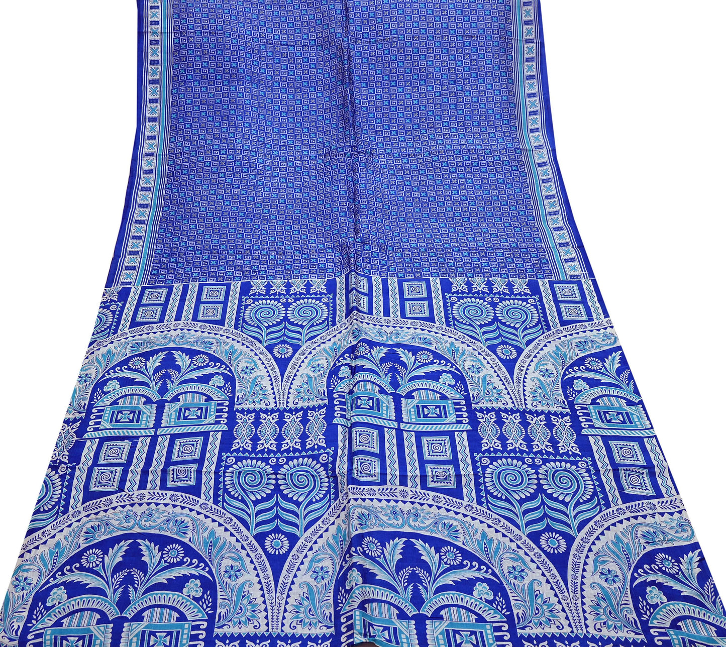 Vintage Blue Pure Silk Saree Indian Printed Floral Silk Fabric 5 Yard Soft Sewing Material for Dressmaking, Quilting & Crafts