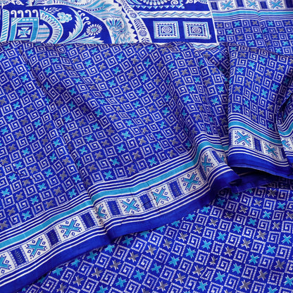 Vintage Blue Pure Silk Saree Indian Printed Floral Silk Fabric 5 Yard Soft Sewing Material for Dressmaking, Quilting & Crafts