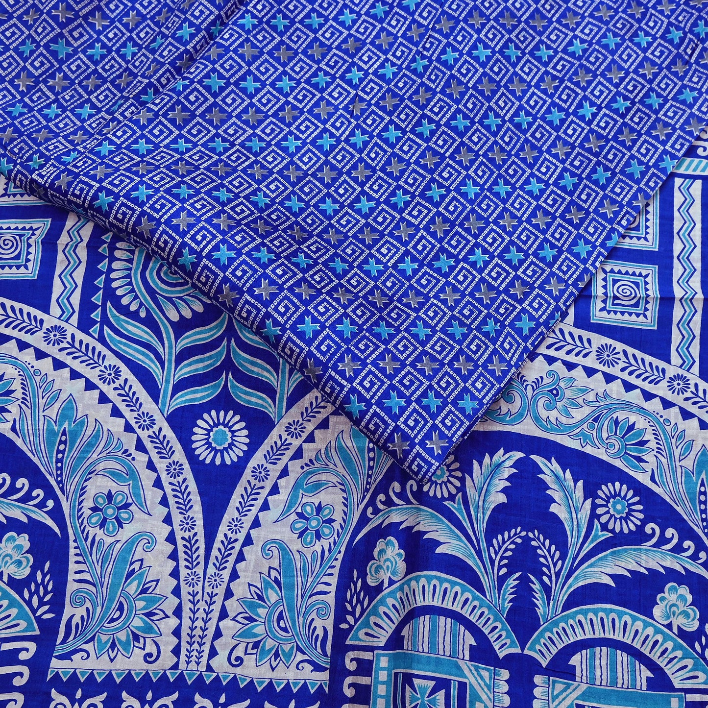 Vintage Blue Pure Silk Saree Indian Printed Floral Silk Fabric 5 Yard Soft Sewing Material for Dressmaking, Quilting & Crafts