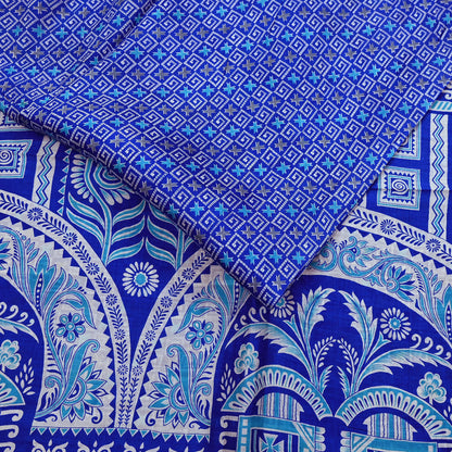 Vintage Blue Pure Silk Saree Indian Printed Floral Silk Fabric 5 Yard Soft Sewing Material for Dressmaking, Quilting & Crafts